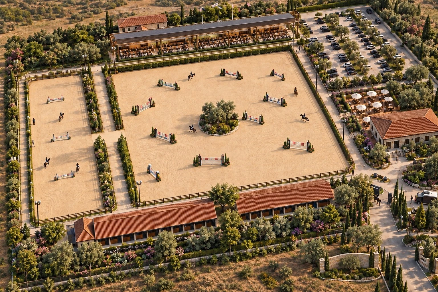 HOOF binicilik tesisleri ve arenalarının genel görünümü